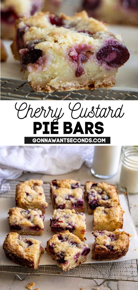 *NEW* Flaky, buttery shortbread crust & cookie crumble sandwich a delicious, creamy custard filling loaded with cherries in my summertime Cherry Custard Pie Bars! #cherries #cherrypie #cherrybars #bars #desserts #piebars #easydessert #easyrecipes Sour Cherry Custard Pie, Cherry Custard Pie Recipe, Fresh Cherry Desserts, Cherry Custard Pie, Cherry Filling Recipes, Cherry Custard, Cherries Recipes, Custard Bars, Squares Recipes