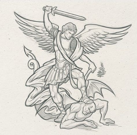 St Michael Illustration, St Michael Tattoo Stencil, Archangel Michael Drawing, Demon Tattoo Drawing, St Michael Drawing, San Michele Arcangelo Tattoo, Tattoo Art Drawings Design, Horns Sketch, Angel Tattoo Stencils