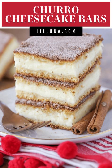 Flaky & delicious Churro Cheesecake bars are covered in cinnamon and sugar filled with a sweet cream cheese layer. #churrocheesecakebars #cheesecake #churros #cheesecakebars #dessert Churro Cheesecake Bars Recipes, Cinnamon Churro Cheesecake Bars, Cheesecake Bars 9x13, Easy Crockpot Lasagna Recipe, Churro Cheesecake Bars, Cheesecake Deserts, Philo Dough, Crock Pot Lasagna Recipe, Cinnamon Cheesecake