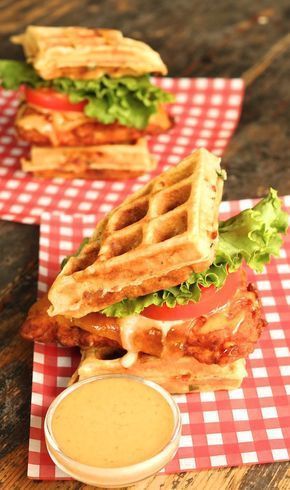 Buttermilk Fried Chicken and Bacon Cheddar Waffle Sandwich Recipe Weeknight Sides, Cafe Sandwiches, Waffle Sandwich Recipe, Maple Sriracha, Waffle Sandwiches, Sriracha Aioli, Waffle Iron Recipes, Chicken And Bacon, Monte Cristo Sandwich