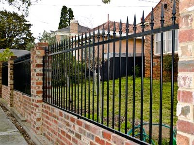 Brick Metal Fence, Metal And Brick Fence, Fence Metal Design, Brick And Metal Fence, Fence Brick, Wrought Iron Fence Panels, Classic Fence, Steel Fencing, Low Fence