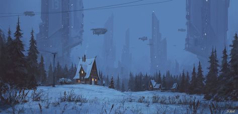 ArtStation - Christmas 2350, Stefan Koidl Christmas Concept Art, Apocalyptic Environment, Snow Environment, Snow Town, Alpine Lodge, Roleplay Ideas, Portrait Artwork, Aesthetic Board, Scene Art