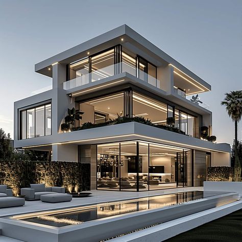 Modern Glass House Exterior, White Modern House, House Structure Design, Futuristic House, Luxury Exterior, Classic House Exterior, Best Modern House Design, Dream Life House, Building House Plans Designs