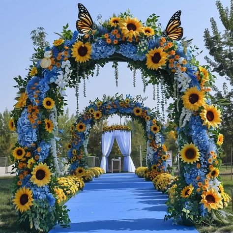 Sunflower Quinceanera Theme, Sunflower Wedding Arch, Fall Sunflower Weddings, Blue And Yellow Wedding, Sunflower Wedding Decorations, Sunflower Theme, Sunflower Themed Wedding, Sunflower Decor, Future Wedding Plans