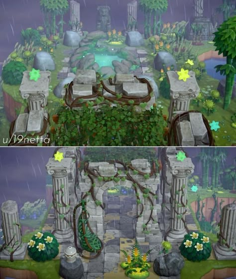 Glowing Moss Animal Crossing, Forest Animal Crossing Ideas, Animal Crossing Enchanted Forest Ideas, Acnh Island Inspirations Fairycore, Acnh Ruined Pillar Ideas, Swamp Island Acnh, Acnh Mossy Stone, Glowing Moss Pond Acnh Ideas, Acnh Cliff House