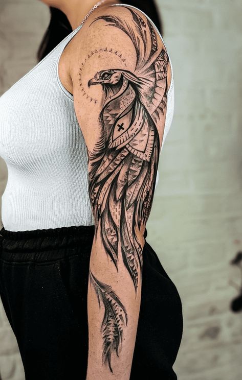 Phoenix Tattoo Design Images (Phoenix Ink Design Ideas) Unique Shoulder Tattoos For Women, Peacock Tattoo Sleeve, Engagement Tattoo, Phoenix Tattoo Arm, Engagement Tattoos, Phoenix Tattoo Sleeve, Phoenix Tattoo Ideas, Half Arm Sleeve Tattoo, Phoenix Tattoo Feminine