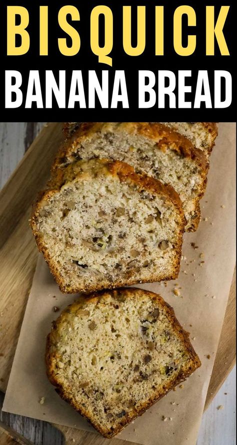 top view of bisquick banana bread with walnuts sliced on a cutting board. Bus Quick Banana Bread, Bisquick Banana Bread Recipe, Banana Bread Recipe With Bisquick, Snack Breads, Bisquick Banana Muffins, Impossible Recipes, Bisquick Banana Bread, Quick Banana Bread, Banana Desserts