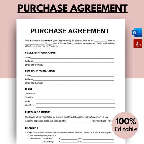 Purchase Agreement, Purchase and Sale Contract, Contract of Sales, Purchase Contract for Business, Sales Contract, Printable Contract - Etsy Nigeria Simple Contract Agreement, Contract Agreement Between Two Parties, Truck Certificate, Bills Quotes, Business Letter Template, Itunes Card, Rental Agreement Templates, Iphone Storage, Purchase Agreement