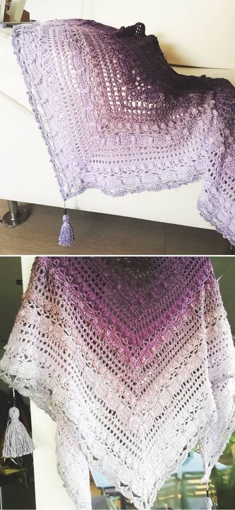 Feminine Lost In Time Crochet Shawls. This lovely, ombre shawl is the best choice for every one of you that loves such color transitioning effect. The edging is super feminine and romantic, so you will feel confident and beautiful wrapped in this shawl. Be sure to make this one for upcoming colder days! #freecrochetpattern #shawl #wrap Shawl Edging Crochet, Crochet With Ombre Yarn, Lion Brand Mandala Ombre Yarn Crochet Patterns Free, Red Heart Ombre Yarn Crochet Patterns, Crochet Ombre Yarn Projects, Mandala Ombre Yarn Crochet Patterns, Crochet Wedding Shawl, Shawl In A Ball, Valentine Crochet