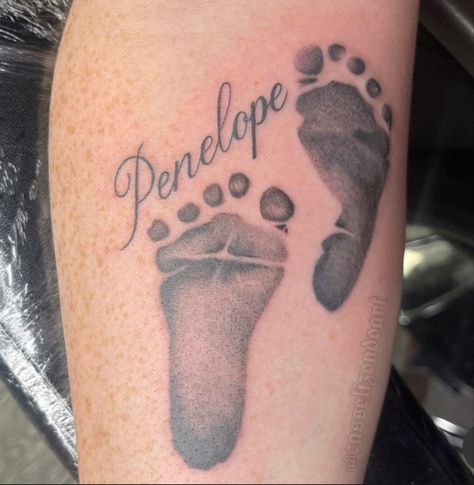 tattoo of baby feet with the name penelope Penelope Tattoo Name, Penelope Tattoo, Baby Feet Tattoo, Penelope Name, Tattoo Name, Foot Tattoo, Name Tattoo, Name Tattoos