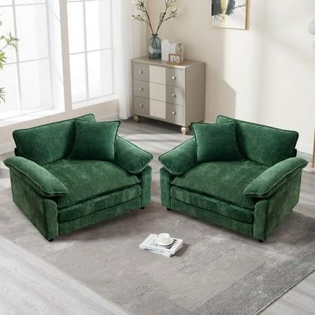 Stylish Mid-Century Design: Add a touch of mid-century modern charm to your living room, bedroom, or study. The sleek, solid green upholstery and wood finish make it a perfect fit for any modern home decor. Spacious & Comfortable: Measuring 28.7" D x 32.2" W x 30.07" H, this oversized accent chair provides ample seating space. Its ergonomic design, complete with high-density foam cushions, ensures ultimate comfort for reading, lounging, or watching TV. Premium Materials: The chair is upholstered Green Velvet Oversized Chair, Dark Green Velvet Chair, Living Room Designs With Accent Chairs, Living Room 2 Chairs, Brown Chairs Living Room, Cute Recliner Chairs, Green Living Room Accents, Comfortable Chairs For Living Room, Reading Chairs Comfy