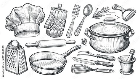 Cooking Utensils Illustration, Cooking Utensils Drawing, Bakery Mural, Kitchen Utensils Drawing, Cake Draw, Nike Photoshoot, Food Sketches, Illustrated Recipe, Cake Drawing