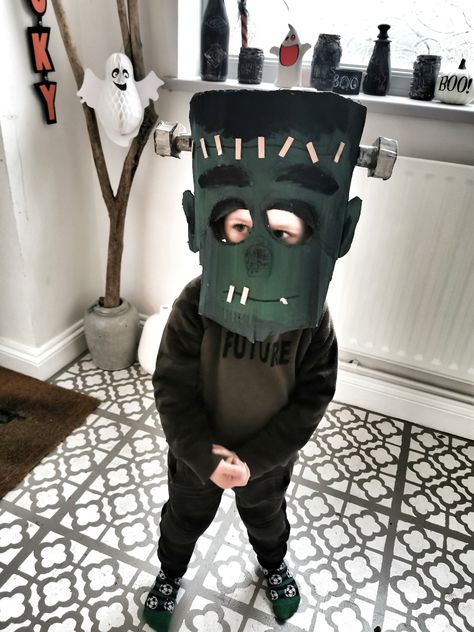 Cardboard Frankenstein mask Homemade Frankenstein Costume, Homemade Frankenstein Costume Kids, Frankenstein Costume Men, Diy Kids Frankenstein Costume, Mens Frankenstein Costume, Frankenstein Mask Diy, Frankenstein Costume Kids, Men’s Frankenstein Costume, Mascara Halloween