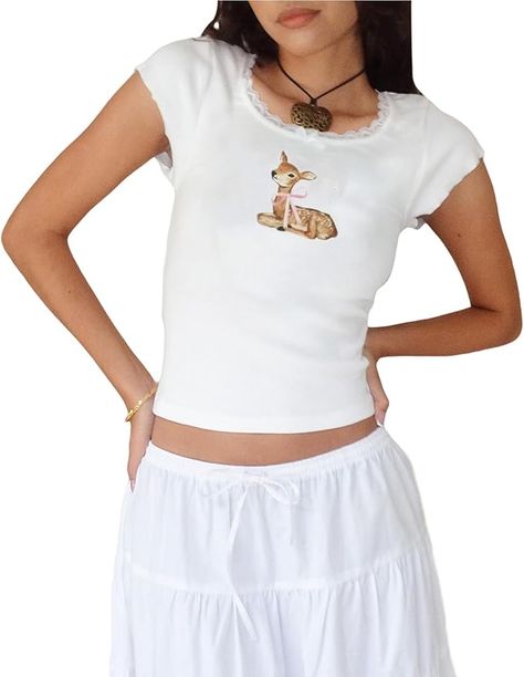 cropped white lace deer tee with bow soft girl ruffles coquette Coquette Aesthetic Clothes, Graphic Baby Tee, Shirts Crop, T Shirt Crop Top, Baby Graphic Tees, Baby Tees Y2k, Amazon Women, Graphic Crewneck, Baby Tee