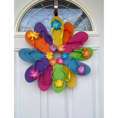 Beach House Front Door, Summer Flip Flop Wreath, Spring Porch Decor, Flip Flop Wreaths, Colorful Wreath, Summer Front Door Wreath, Spring Decorations, Spring Door Wreaths, Outdoor Wreaths