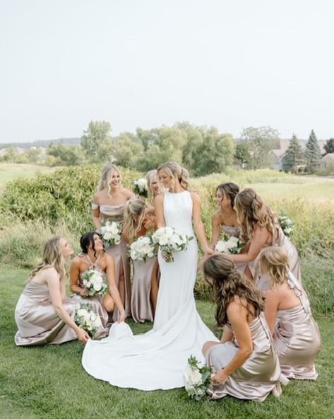 A sweet moment with your best crew 🤍 Featuring our Shiny Satin bridesmaid dresses in Taupe #BIRDYGREY #birdyinthewild Bride: @brookekcarroll_ Photographer: @mariahjonesphoto Florist: @petals_n_bloom Venue: @destinationlgweddings Coordinator: @graceful_events_weddings Lead: @gracefuleventsandrea Bridesmaid Dresses With Bright Flowers, Taupe Bridal Party, Nude Dresses, Taupe Bridesmaid, Bridal Parties Colors, Taupe Bridesmaid Dresses, Neutral Bridesmaid Dresses, Bridesmaid Dresses Under 100, Grecian Dress