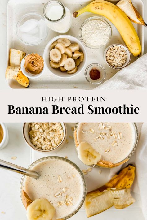 Thick, creamy, and practically indulgent. This Banana Bread Protein Smoothie tastes like your favorite, rich banana bread blended into a sippable form, but is really packed with nutrients and protein that’ll make you feel good from the inside out. Banana Protein Smoothie Recipe, Banana Nut Protein Shake, Banana Bread Protein Shake, Pb And Banana Smoothie, Pb Banana Protein Smoothie, Smoothie Recipes With Protein Powder, Pb2 Protein Shake, Smoothies With Protein Powder, Protein Rich Breakfast Ideas