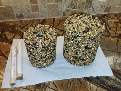 How To Make Your Own Seed Cylinders and Cakes For Your Bird Feeders Bird Seed Feeders Homemade, Bird Seed Cakes, Bird Seed Cakes How To Make, Sunflower Seed Bird Feeders Diy, How To Make Bird Seed Cakes, Make Bird Seed Cake, No Bake Bird Feeders, Diy Bird Seed Cakes, How To Make Suet Cakes For Birds