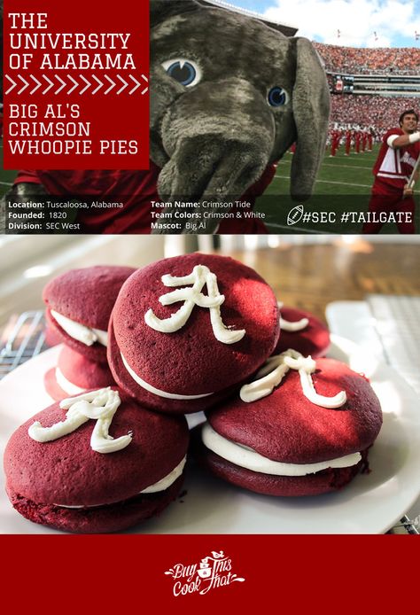 Alabama football is a pretty big deal. So are Big Al's Whoopie Pies! With only 6 ingredients, these are a fun way to celebrate your next Alabama Tailgate. #rolltide #tailgate #alabama buythiscookthat.com/alabama-tailgate/ Alabama Football Birthday Party, Alabama Tailgate Decorations, Alabama Football Cake, Alabama Roll Tide Cake, Alabama Themed Cakes, Alabama Football Party, Alabama Tailgate, Alabama Football Decor, Alabama Recipes