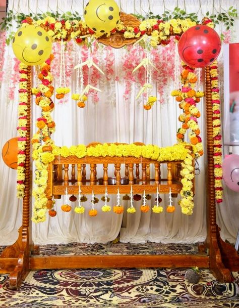 Vuyyala Function Decoration, Pellikuthuru Decorations, Name Revealing Ideas For Naming Ceremony, Baby Images Hd, Cradle Decoration, Hindu Wedding Decorations, Pongal Celebration, Naming Ceremony Decoration, Baby Beds