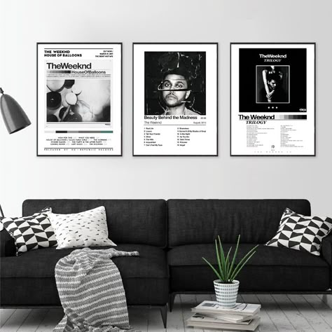 Framed Music Posters On Wall, The Weeknd Decor, The Weeknd Room Decor, Black And Silver Room, The Weeknd Room, Album Cover Wall Decor, The Weeknd Aesthetic, Weeknd Aesthetic, Men Wall Decor