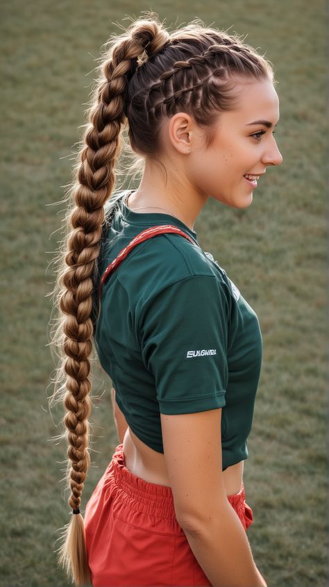 Active Hairstyles For Long Hair, Running Hairstyles For Long Hair, Sport Braids, Long Dutch Braids, Cute Braided Ponytail Hairstyles, Military Hairstyles For Women, Dutch Braids Into Ponytail, Sport Hairstyles For Long Hair, Lax Hairstyles