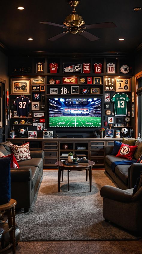 Bonus Room Ideas Cozy Bonus Room Ideas, Double Tv Setup, Ultimate Game Room, Tv Game Room Ideas, Gamer Basement, Cozy Lounge Room, Cozy Game Room, Sports Memorabilia Room, Sports Room Ideas