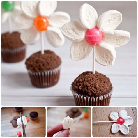 DIY Spring Marshmallow Flower Marshmallow Flower Cupcakes, Daisy Cupcakes, Marshmallow Flowers, Edible Crafts, Flower Cupcakes, Food Crafts, Mini Muffins, Let Them Eat Cake, Flower Pot