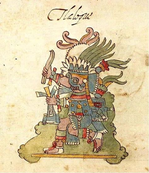 Tlaloc was first married to Xochiquetzal, a goddess of flowers, but then Tezcatlipoca kidnapped her. He later married the goddess Chalchiuhtlicue, "She of the Jade Skirt". In Aztec mythic cosmography, Tlaloc ruled the fourth layer of the 'Upper World", or heavens, which is called Tlalocan ("place of Tlaloc") in several Aztec codices, such as the Vaticanus A and Florentine codices. Described as a place of unending Springtime and a paradise of green plants Baba Jaga, Aztec Culture, Aztec Art, Ancient Origins, Stone Statues, Gods And Goddesses, Indiana, Old Things, History