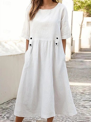 Women's Casual Dress Cotton Summer Dress Midi Dress Linen Pocket Basic Classic Daily Vacation V Neck Half Sleeve Fall Autumn White Navy Blue Plain 2024 - $31.99 White Dress Casual, Casual Dress Midi, Linen Dress Pattern, Purple Plain, Casual White Dress, Cotton Linen Dresses, Plain Dress, Trends 2023, Cotton Blends Dress