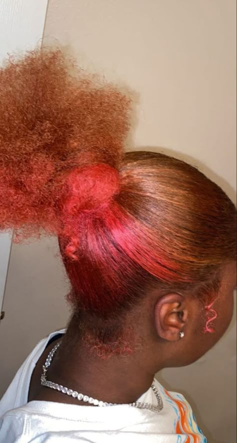 Honey Brown Hair With Pink Highlights, Ginger With Pink Skunk Stripe, Ginger Hair With Pink Skunk Stripe, Brown And Pink Natural Hair, Black And Dyed Hair, Ginger And Pink Hair Dye, Pink And Brown Hair Black Women, Black Dyed Hair Ideas, Pink And Blonde Hair Black Women