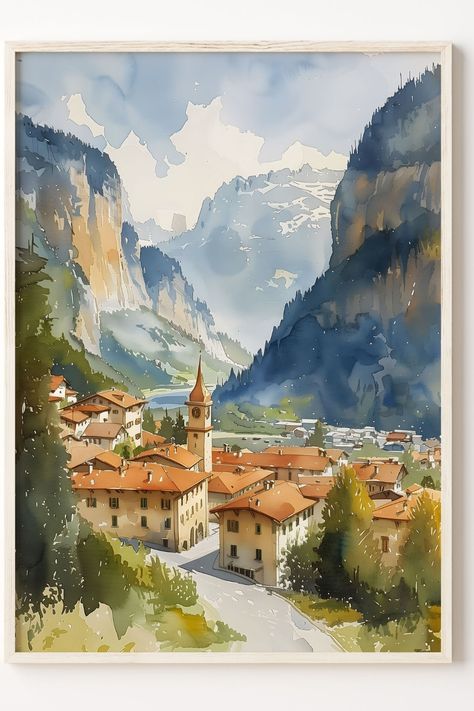 Beautiful watercolor painting of Lauterbrunnen, Switzerland, perfect for home décor. Paintings Of Switzerland, Switzerland Painting, Vibrant Wall Art, Watercolor Prints, Wall Hanging Art, Nature Indoors, Hanging Art, Watercolor Print, Drawing Reference