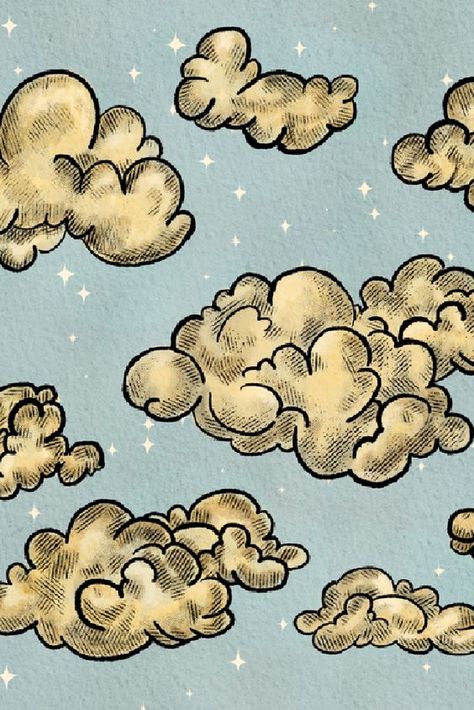 These clouds would make a good background for a celestial themed pop up card. Clouds Aesthetic Illustration, Clouds Aesthetic Art, Cartoon Clouds Aesthetic, Storm Cloud Illustration, Vintage Cloud Illustration, Vintage Whimsical Aesthetic, Cloud Drawing Aesthetic, Cloudy Sky Drawing, Clouds Aesthetic Drawing