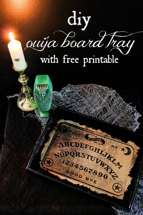 DIY Ouija Board Tray - make this spooky Halloween tray to go along with your Halloween decorations! It comes with a free printable ouija board! #halloween #halloweendecor #halloweentray #ouijaboard #ouija Free Ouija Board Printable, Diy Ouija Board, Dark Academia Diy, Halloween Tray, Gothic Crafts, Potion Labels, Halloween Craft Projects, Haunted Halloween, Witch Diy