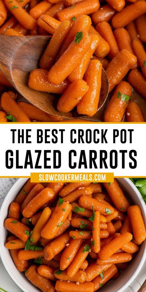 A wooden spoon holding crock pot glazed carrots. Easter Carrots Crockpot, Candy Carrots Recipe Crockpot, Crock Pot Candied Carrots, Crockpot Carrots Maple Syrup, Maple Glazed Carrots Crockpot, Carmelized Carrots Crockpot, Cracker Barrel Carrots Crockpot, Crockpot Cracker Barrel Carrots, Slow Cooker Candied Carrots