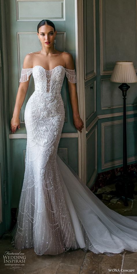 wona atelier 2023 bridal flutter sleeve sweetheart neckline fully embellished sheath wedding dress chapel train (11) mv -- Atelier by WONÁ 2023 Wedding Dresses | Wedding Inspirasi #wedding #weddings #bridal #weddingdress #weddingdresses #bride #fashion #collection:Atelier #label:WONÁ #week:082023 #year:2023 ~ Detailed Wedding Dress Beading, Jeweled Wedding Dress Crystals, Beaded Fitted Wedding Dress, Elegant Wedding Dress 2023, Wedding Dress 2025, Wedding Gown 2023, Trend Wedding Dress, Bridal Dresses 2023, Corset Wedding Dresses