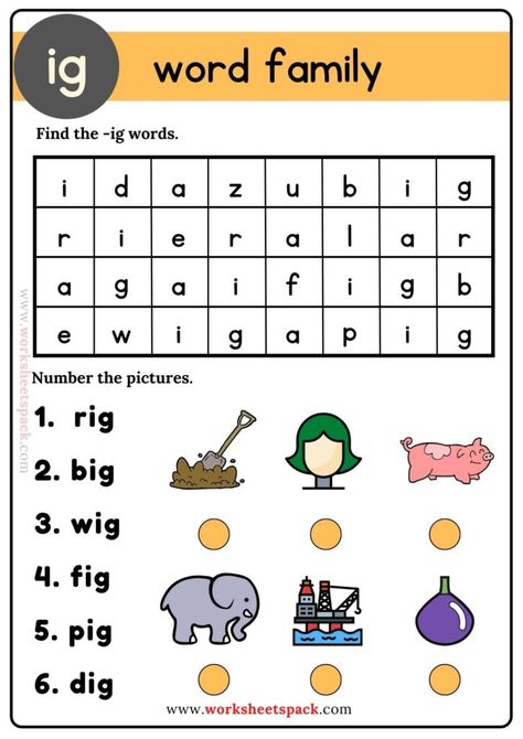 Ig Word Family Word Search Puzzle - Printable and Online Worksheets Pack Ig Words, Ig Words Worksheet, Ig Family Words Worksheet, In Family Words Worksheets, Ig Word Family, Ig Word Family Worksheet, En Word Family Worksheets, Ab Family Words Worksheets, At Word Family Worksheet