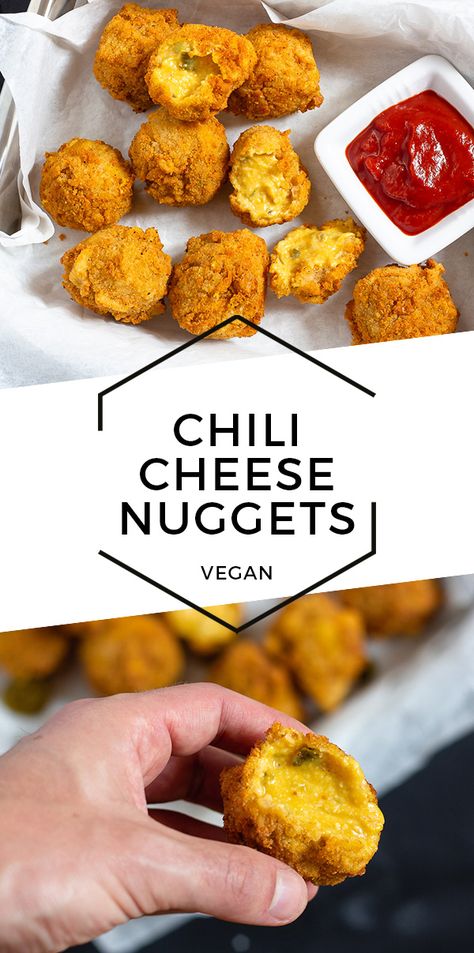 Vegan Chili Cheese Nuggets Vegan American Food, Vegan Junk Food Recipes, Vegan Fast Food Recipes, Vegan Chicken Nuggets Recipes, Easy Tofu Nuggets, Vegan Chili Cheese Fries, Vegetarian Nuggets, Burger Birthday, Vegan Nuggets