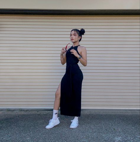 Dress And Nike Sneakers Outfit, Maxi Dress Outfit With Sneakers, Nike With Dress Outfit, Dress And High Top Sneakers Outfit, Dress With Nikes, Long Dress And Sneakers Outfit, Formal Dress With Sneakers, Black Bodycon Dress Outfit, Long Tight Dress