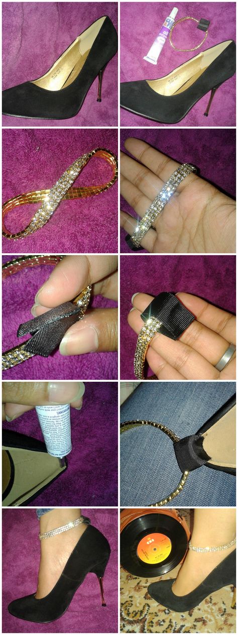 How to add a diamante ankle strap to your plain stilettos: have these things handy- pair of stilettos, pair of anklets, superglue, scissors and an elastic ribbon. Now, get going :D - JB Upcycle Shoes, Diy Heels, Shoe Refashion, Hak Tinggi, Shoe Makeover, Shoes Hack, Shoe Crafts, Old Shoes, Unique Shoes