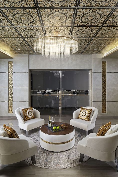 Versace Living Room Decor, Versace Living Room, Versace Interior, Dubai Penthouse, Chair And Coffee Table, Zen Furniture, Versace Design, Zen Interiors, Ceiling Wallpaper