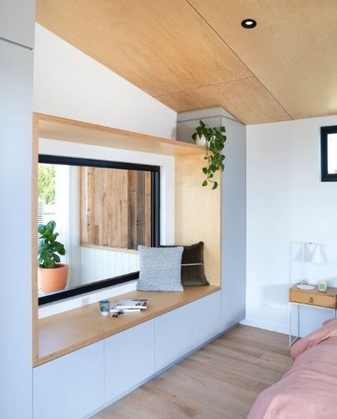 Ecoliv Buildings on Instagram: “ROOM WITH A VIEW || The Eco Studio boasts integrated storage solutions. The framed birch ply window seat is enveloped in seamless custom…” Window Seat Design, Bow Window, Room With A View, Birch Ply, Modern Bedroom Design, Interior Deco, Home Room Design, Window Seat, 인테리어 디자인