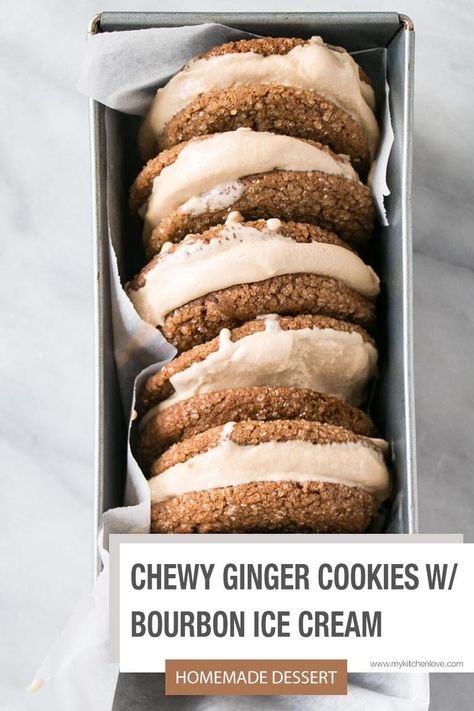 These Ginger Molasses Cookies and Brown Sugar Bourbon Ice Cream Sandwiches are soft and chewy ginger molasses cookies stuffed with creamy decadent brown sugar bourbon ice cream. #icecream #icecreamsandwiches #dessert Christmas Ice Cream Sandwiches, Sandwich Business, Dessert Photos, Chewy Ginger Molasses Cookies, Bourbon Ice Cream, Oreo Ice Cream Sandwich, Waffle Ice Cream Sandwich, Easy Ice Cream Sandwiches, Vanilla Ice Cream Sandwich