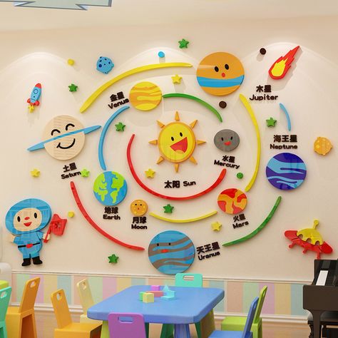 Classroom Mobile Ideas For The Ceiling, Class Decoration Preschool, Kindergarten Class Decoration Ideas, Wall Decoration For Kindergarten, Wall Decor For Preschool Classroom, 3d Classroom Decorations, Class Decoration For Kindergarten, Kindergarten Room Decor, Daycare Ceiling Decorations