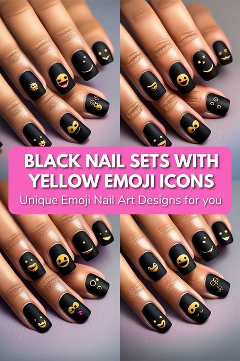 Black nail sets with yellow emoji icons Black Nail Sets, Emoji Nail Art, Nails With Yellow, Nails 2023 Trends, Emoji Nails, Yellow Emoji, Pedicure Designs, Nail Sets, 2023 Trends