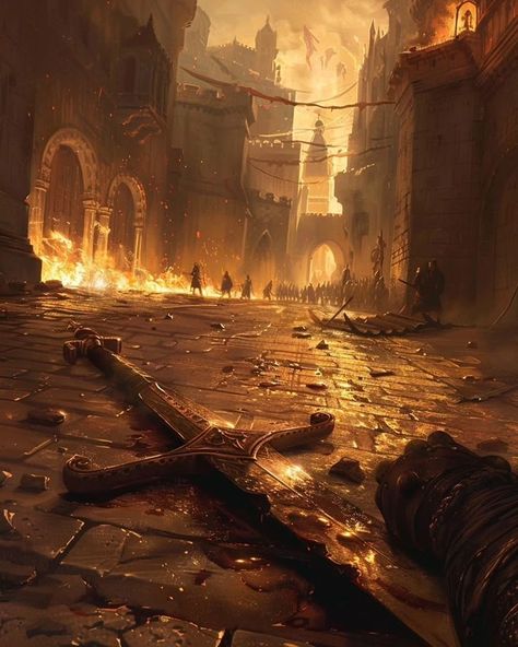 Burning Village Aesthetic, City On Fire Aesthetic, Destroyed Kingdom Art, Walled City Fantasy Art, Dnd Wasteland, Fire Kingdom Aesthetic, Low Fantasy Aesthetic, Fantasy Battle Aesthetic, Burning Kingdom