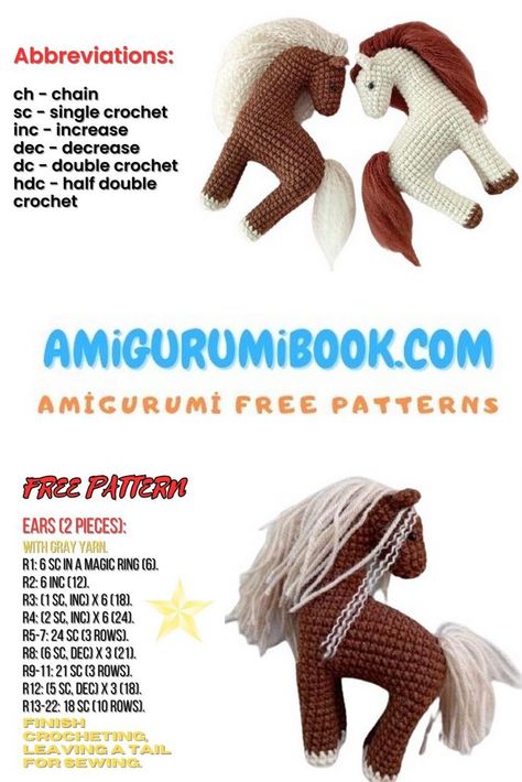 Adorable Amigurumi Free Pattern: Little Horse Crochet Tutorial – Amigurumibook.com Amigurumi Horse, Free Amigurumi Crochet Patterns, Crochet Toys Free Patterns, Single Crochet Decrease, Crochet Snowflake Pattern, Crochet Horse, Novelty Yarn, Crochet Decrease, Amigurumi Animals