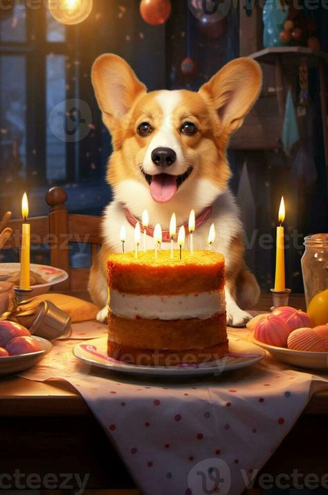 Corgi sits at a table with a cake and candles. dog birthday. Generative ai