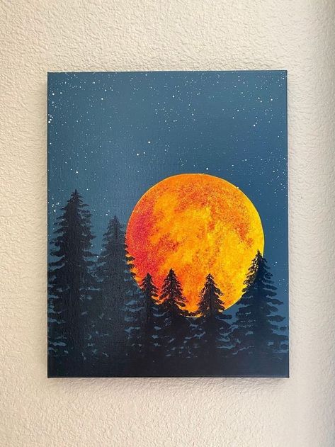 Moon Setting, Small Canvas Paintings, Simple Canvas Paintings, Cute Canvas Paintings, Canvas Drawings, Canvas Painting Designs, Painting Art Lesson, Art Painting Gallery, Canvas Painting Diy