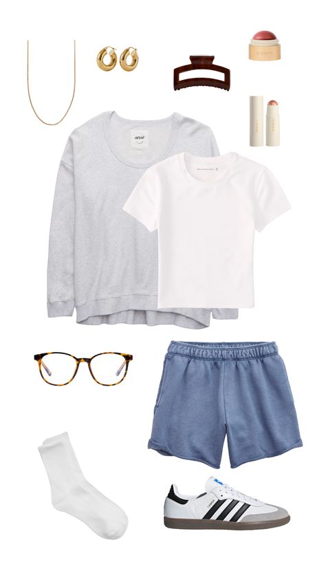 cozy summer outfit featuring blue soft shorts, white baby tee, grey oversized plain crewneck, adidas sambas At Home Outfits Cozy Summer, Cozy Aesthetic Outfits Summer, Study Outfit Aesthetic Comfy, Study Outfit Summer, Summer Study Outfit, Wfh Outfits Summer, Cozy Study Outfit, Home Outfit Comfy Summer, Comfy Study Outfit